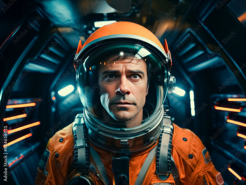 Poster An astronaut in an orange suit with helmet, inside a spacecraft, against a detailed background, concept of space exploration. Generative AI