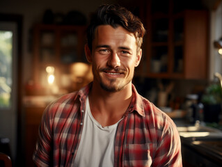 Obraz premium A portrait of a smiling man wearing a plaid shirt, with a warm, cozy kitchen background, capturing a pleasant and friendly concept. Generative AI