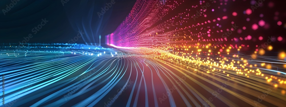 Poster vibrant frequency division multiplexing data transmission visualization with colorful rays and