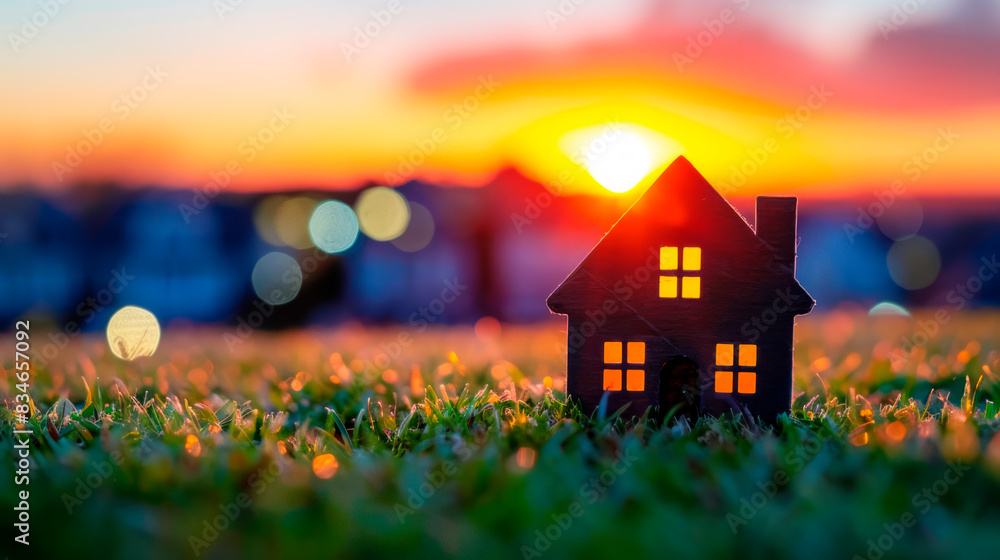 Poster a small model house on grass with illuminated windows, sunset in the background, concept of dream ho