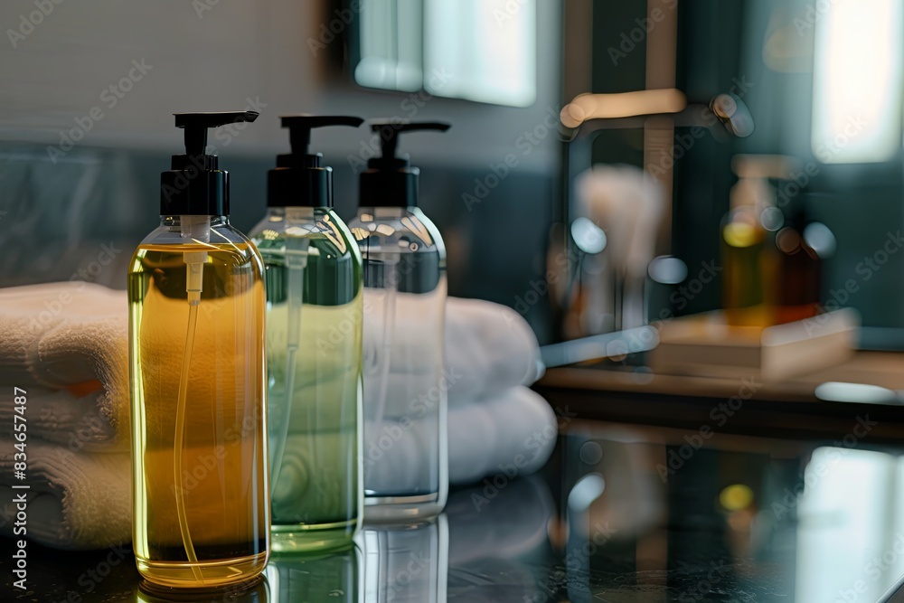 Poster three clear bottles with pumps containing shampoo and conditioner in a luxurious bathroom. generativ