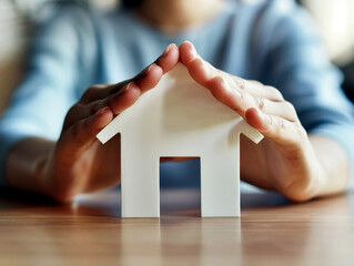 Hands forming a roof over a white house model, symbolizing home protection concept on a blurred background. Generative AI