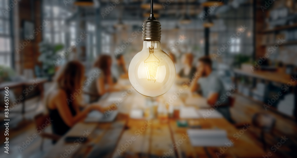 Aufkleber light bulb in focus with a team meeting in the blurred background, depicting a concept of ideas and 