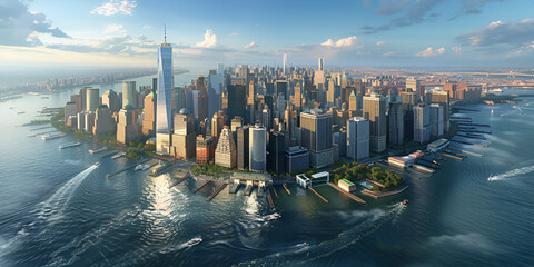 Beautiful View of the Empire State Building and Skyscrapers, Aerial view of the buildings and streets .
