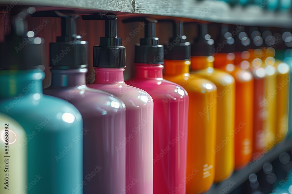 Poster A row of colorful shampoo and conditioner bottles on a shelf in a salon. Generative AI