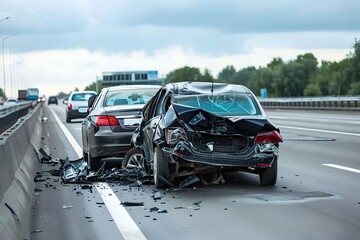 Naklejka premium Severe Car Crash Aftermath on Highway Showing Crumpled Vehicle Damage