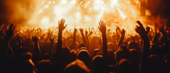 A silhouette of a concert crowd with raised hands against a vibrant stage light, symbolizing entertainment and nightlife. Generative AI