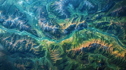 A detailed satellite image showing the geographical features of a region, including mountains, rivers, and forests, highlighting the natural beauty and diversity