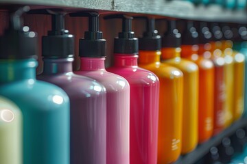 A row of colorful shampoo and conditioner bottles on a shelf in a salon. Generative AI