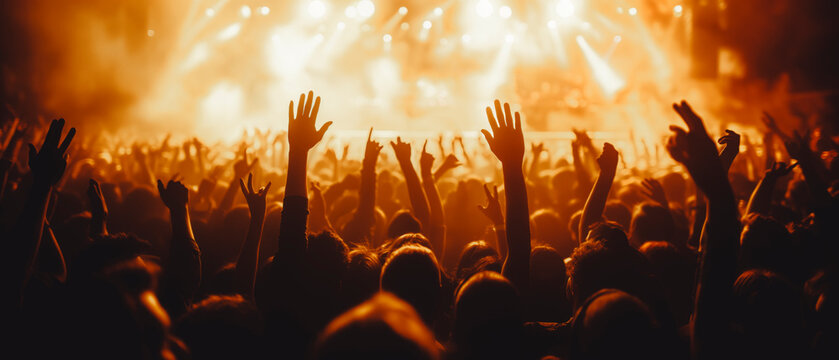 A silhouette of a concert crowd with raised hands against a vibrant stage light, symbolizing entertainment and nightlife. Generative AI