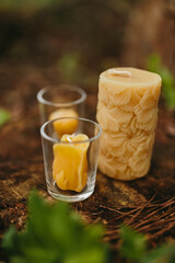 Handmade candles from natural beeswax in the shape of flowers in the glass candle holders on an old stump in the forest. Hobby. Artistic photo of beekeeping products against the backdrop of nature