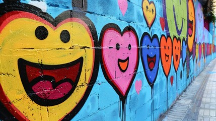 Obraz premium Colorful mural of hearts with smiling faces on a wall. The mural is a cheerful and positive representation of love and happiness