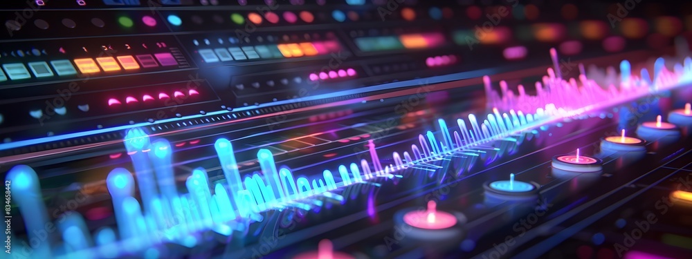 Poster 3d rendered frequency analyzer visualizing audio signals and data spectrum