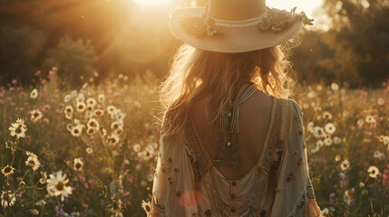 lady in bohemian fashion dress standing in fields full of flowers under sunlight