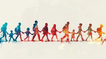 A conceptual image of a human chain, with people of different ages and backgrounds linking arms to symbolize unity and solidarity in the face of migration challenges