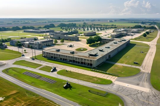 Aerial Drone View of Expansive Military Base Complex with Varied Facilities and Infrastructure