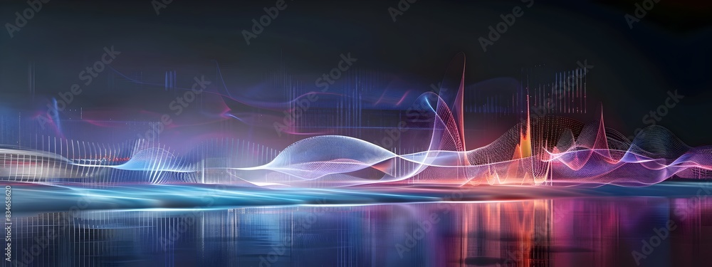 Poster frequency deviation vibrant digital of undulating neon waves and pulsating rhythms