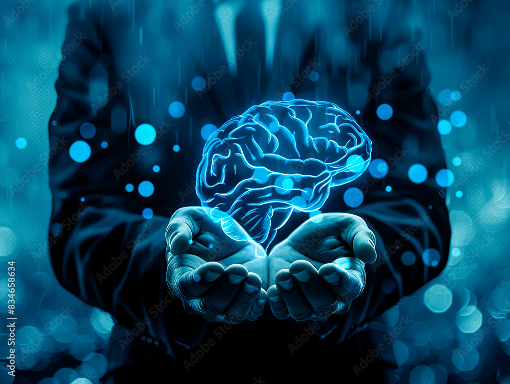 Poster A glowing brain held in hands with a bokeh blue background, illustrating a concept of intelligence. Generative AI