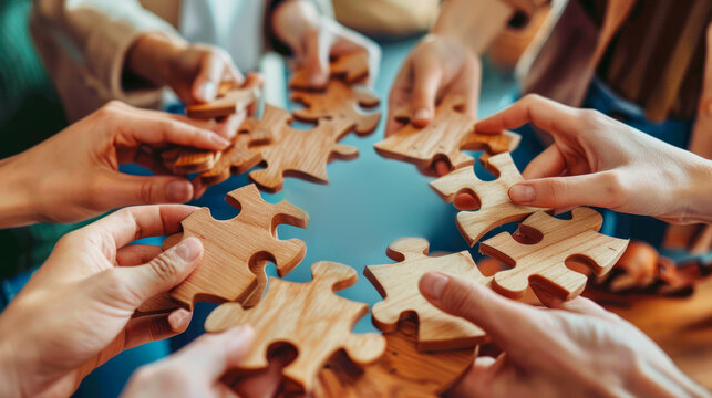 Multiple hands assembling wooden jigsaw puzzles, on a blurred background, symbolizing teamwork. Generative AI