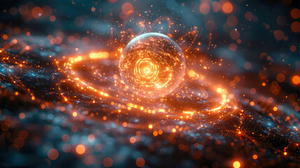 Abstract yellow orange glowing energy magic bright high tech sphere ball circle in fire and smoke background