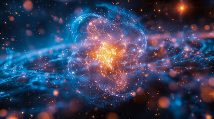 Fototapeta premium Abstract background with smoke and fire, blue glowing energy circle ring frame made of particles and waves