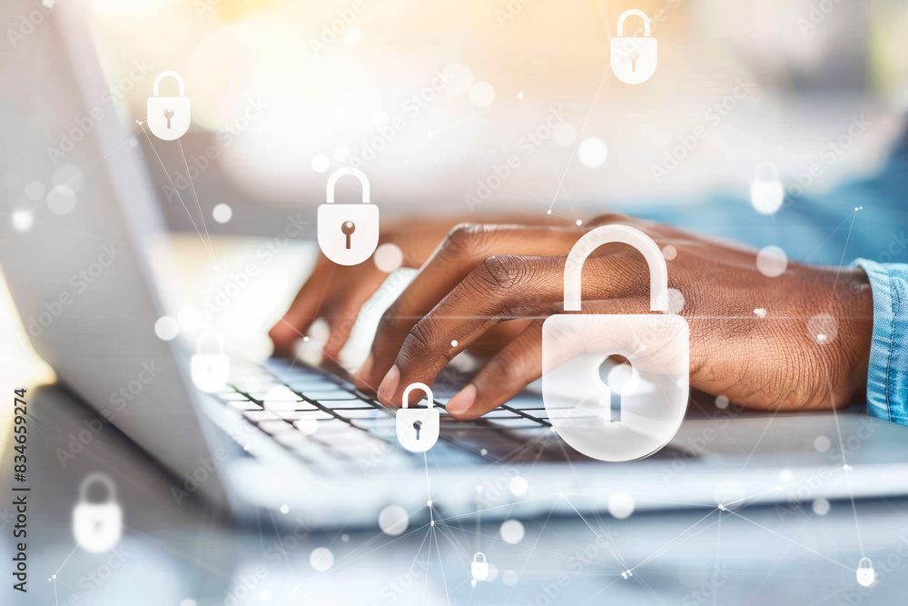 Poster close-up of hands typing on a laptop with digital padlocks overlay, blurred office background, conce