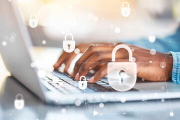 Close-up of hands typing on a laptop with digital padlocks overlay, blurred office background, concept of cybersecurity. Generative AI