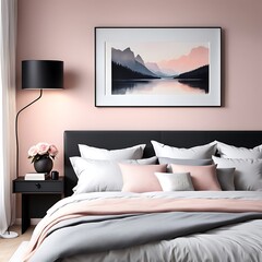 Bedroom with Delicate Peach Fuzz Interior Color Trend 2024, Modern Luxury Apricot Room, Salmon Fabric and Beige Plaster. Home or Hotel Design. 3D Render