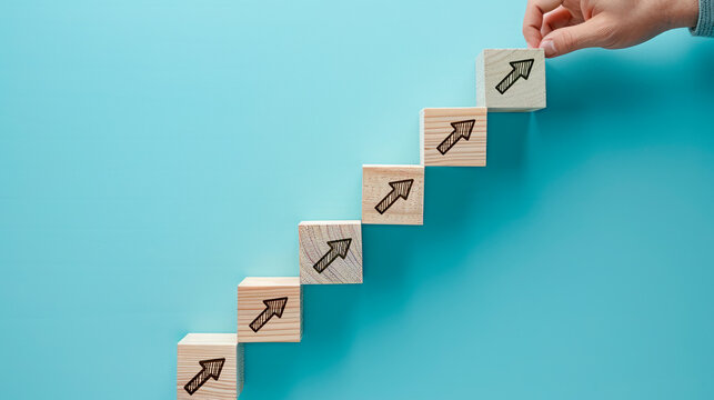 Hand stacking wooden blocks with arrow icons, illustrating growth on a blue background, concept of progress. Generative AI