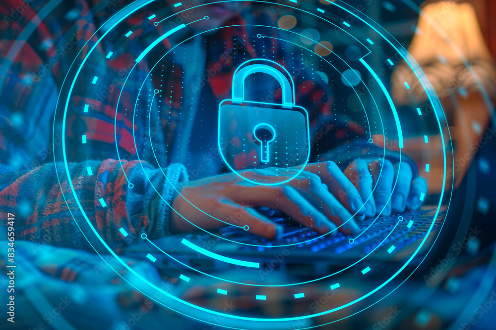 Poster person typing on a laptop with futuristic digital lock graphics, showing cybersecurity concept, blue