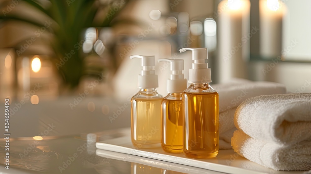 Poster three sleek bottles of shampoo and conditioner on a white tray in a modern bathroom. generative ai