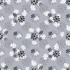 Monochrome seamless pattern with abstract retro wild flower blooms on gray background. Vintage ditsy floral digital paper