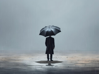 Person with an umbrella standing in the rain, dark moody atmosphere, mysterious concept. Generative AI