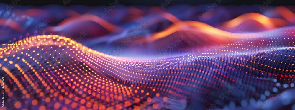 Poster comb filter visualization with dynamic particle waves in futuristic digital landscape