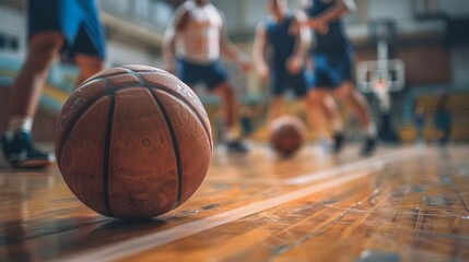 Naklejka premium Basketball Training Game Background. Basketball on Wooden Court Floor Close Up with Blurred Players Playing Basketball Game in the Background