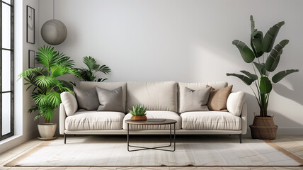 Cozy home interior with comfort sofa, pillows, floor lamp. Natural color scheme