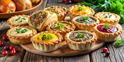 Traditional Russian open pies with various fillings, known as rastegay , Russian cuisine, baked goods, savory pies, traditional food, homemade, rustic, pastry, delicious, appetizing