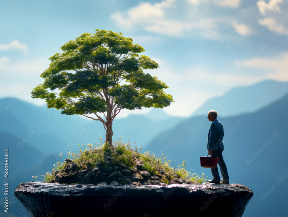 Poster A man with a briefcase stands on a floating island with a tree, against a mountainous background, embodying growth or new beginnings. Generative AI