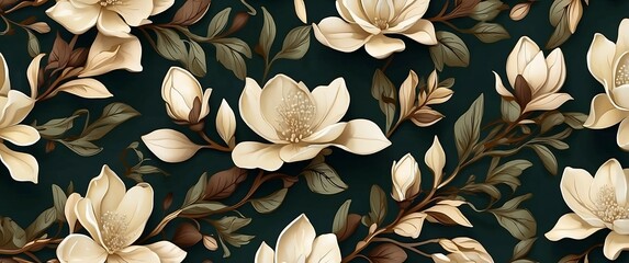 Pattern of cream-colored magnolia flowers botanical seamless background.