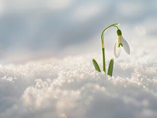 Delicate snowdrop flower blooming in the snow