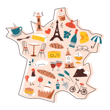 France map with doodles, french national symbols on country shape, travelling to Paris, Eifel tower vector illustration, geography cartoon composition for poster, brochure, and childrens book