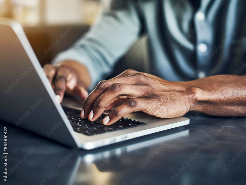 Poster close-up of hands typing on a laptop keyboard, with a blurred background, illustrating the concept o