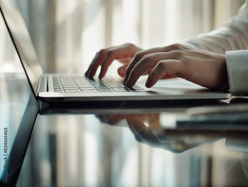 Poster Close-up of hands typing on a laptop keyboard with a blurred background, conveying the concept of modern work or connectivity. Generative AI