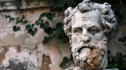 Obraz premium Weathered stone statue with ivy in the background