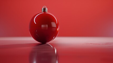 Shiny red christmas ornament on reflective surface