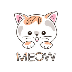 Cute cartoon cat head and paws, hand drawn vector illustration, isolated on white background, sticker, icon, decorative element for design