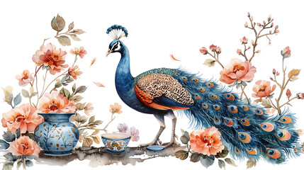 A beautifuland colorful painting of a peacock withMu Dan Sheng Kai Nu Fang Tu .