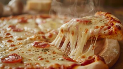 Delicious cheesy pizza with melted cheese and toppings