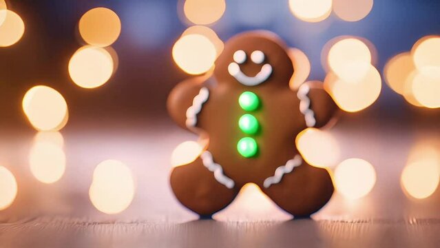 Gingerbread man cookie standing beside house with different colored candy and gumdrops, a chrismast snow scene