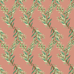 Watercolor greenery seamless pattern, floral texture on pink background